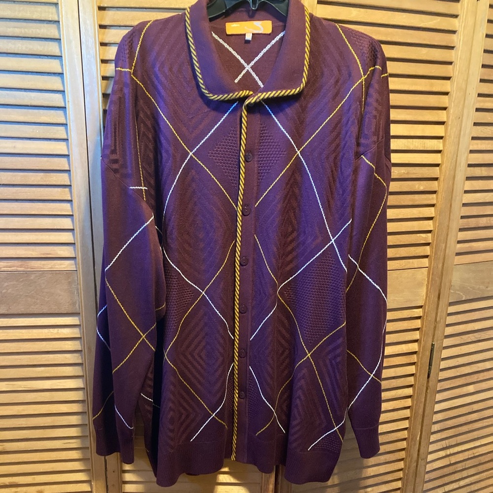 Basic S. Burgundy, Gold & White Textured Designed Knit Sweater